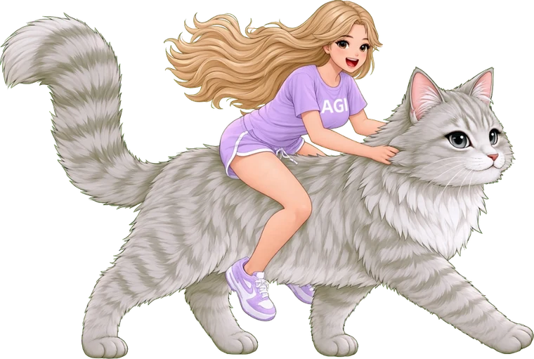 AGI-1 laughing as she rides her big fluffy cat, her hair in the wind